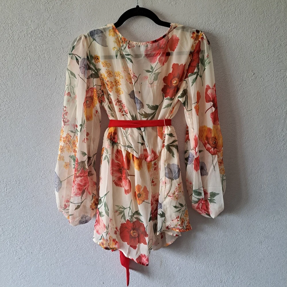 Fashion Nova Cream Floral Jumpsuit with Red Belt - Picture 5 of 5